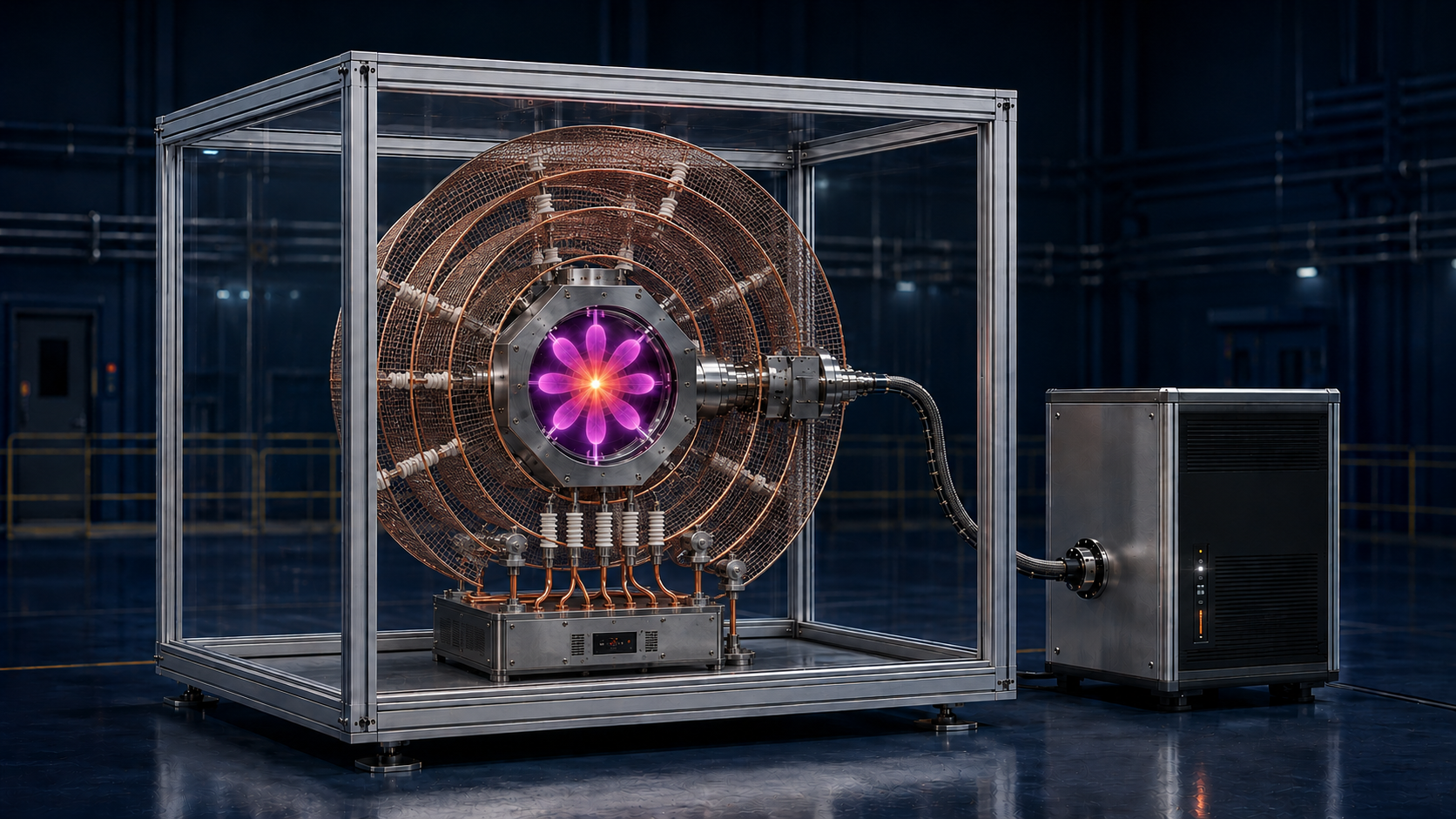 Concept rendering of a compact aneutronic fusion module with an eight-lobed reconnection plasma and direct energy converter.